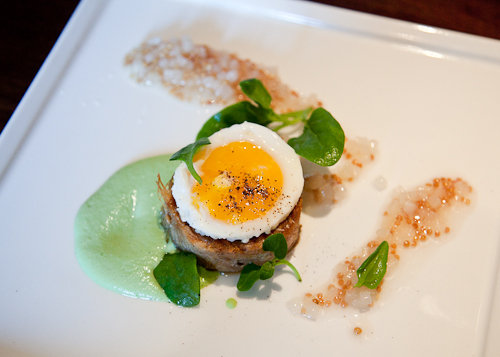 Usagi Yaki - Rabbit Torchon, pear mostarda, pureed peas, slow poached egg