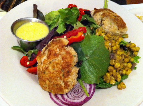 Crab Cake Salad with roasted corn at Sunset Grill
